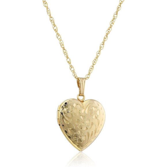Jewelry - 14k Engraved Flowers Heart Locket Necklace for Women Vintage Gold Jewelry